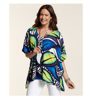 NWT. Chicos Women's Oversized Tropical Peri Poncho In Cool Multi, Size S/M. Boxy